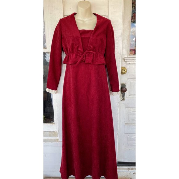 Vintage 1970s Burgundy red Maxi Dress with jacket Faux suede look - Picture 1 of 11